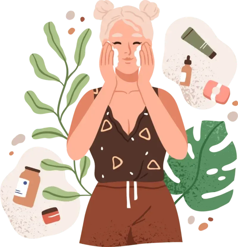 Illustration of a person washing their face surrounded by skincare ingredients