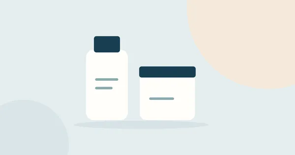 Illustrated skincare bottles and moisturizer jar