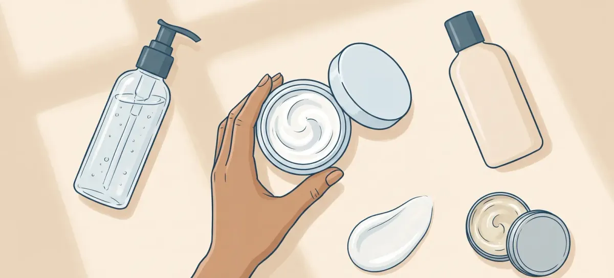 Illustration of a hand holding an open jar of cream among a gel pump, a lotion bottle, an ointment tin, and a swatch of cream