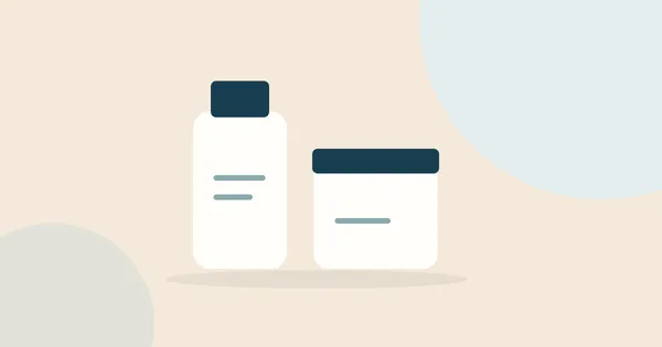 Illustrated skincare bottles and moisturizer jar