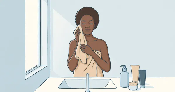 Illustration of a woman pressing a towel to her cheek at a bathroom sink beside a cleanser, moisturizer, and sunscreen